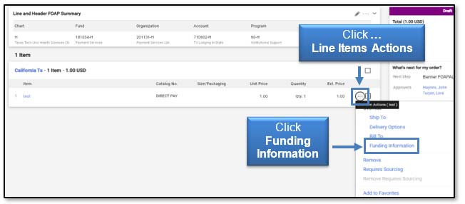 Image: Click line items actions menu, click 'Funding Information'.