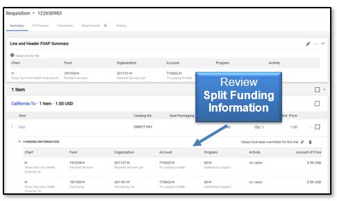 Image: Review split funding information.