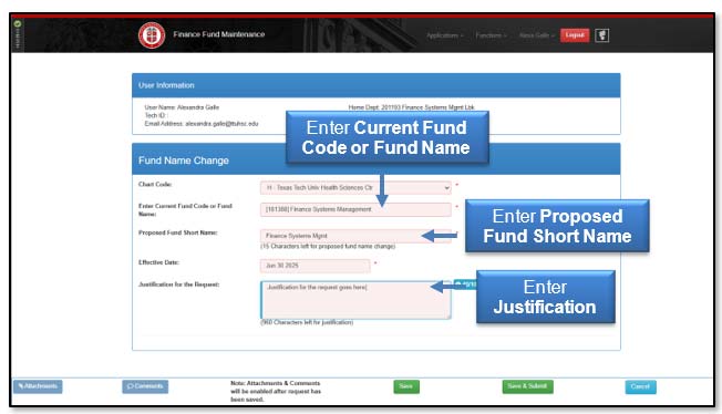 Image demonstrating entrance of fund code/name, proposed fund short name and justification.
