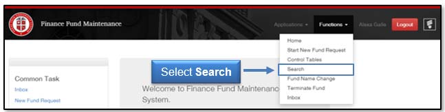 Image demonstrating location of Search link under Functions.