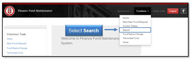 Image demonstrating Search link under Functions menu.