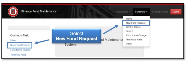 Image showing which links to click to access New Fund Request