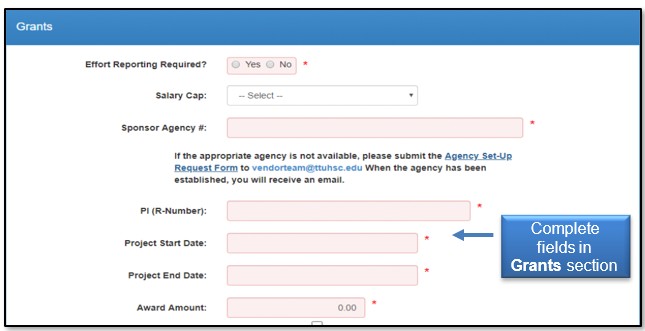 Image illustrating required fields in Grants section.