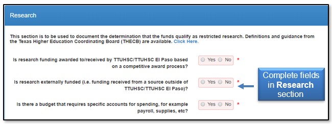 Image illustrating required fields in Research section.