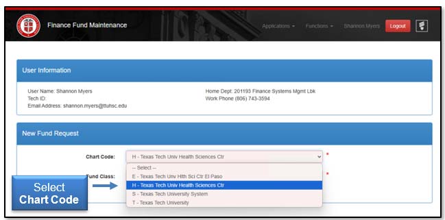 Image illustrating the chart code drop-down menu.