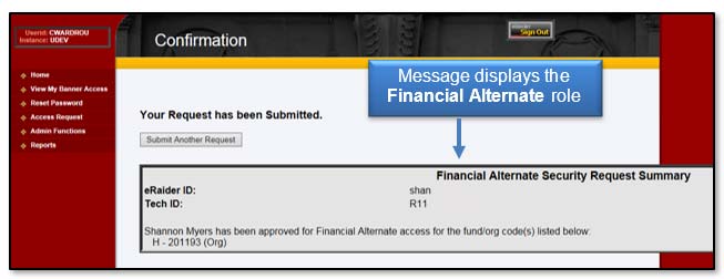Image illustrating message displaying Financial Alternate role.