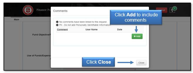 Image illustrating add comments and close buttons.