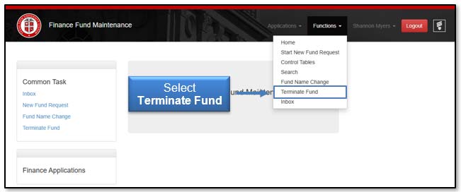 Image illustrating terminate fund link in functions dropdown.