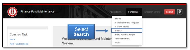 Image illustrating search link location under Functions dropdown.