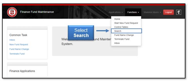Image illustrating search link location under Functions dropdown.
