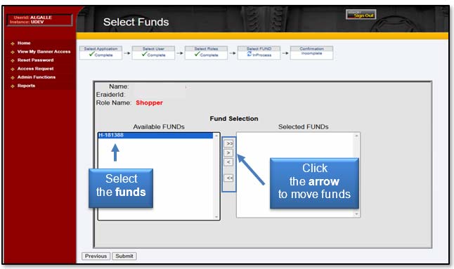 Image: Select the funds. Click the arros wo move funds.