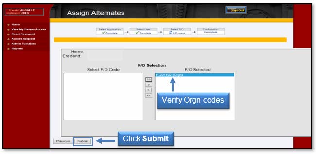 Image: Verify Orgn codes, click Submit.