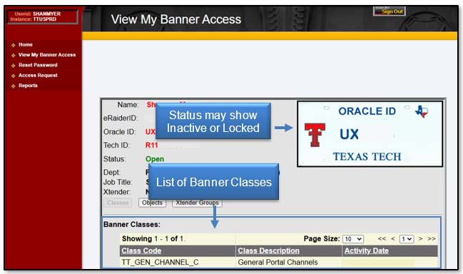 Image: Oracle ID status and Banner Classes.
