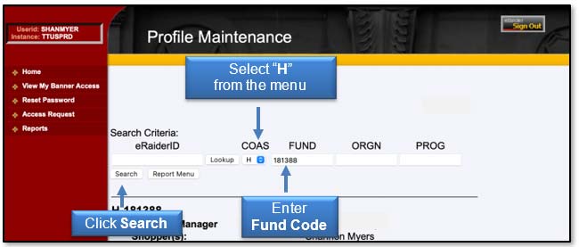 Image: Select H from the menu. Enter Fund Code. Click Search.