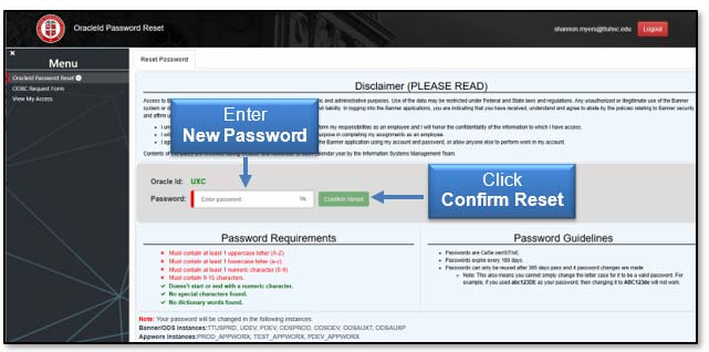 Image: Enter New Password, Click Confirm Reset.