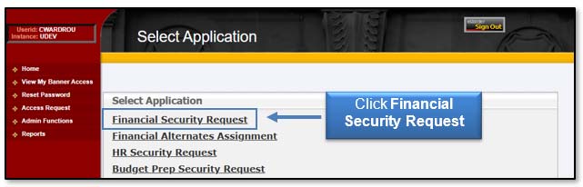 Image: Click Financial Security Request.