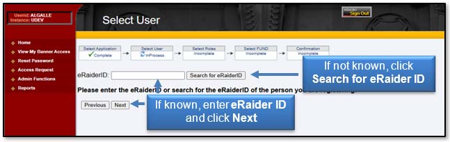 Image: If known, enter eRaider ID and click Next, If not known, click Search for eRaider ID.