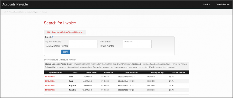 Invoice Status screen