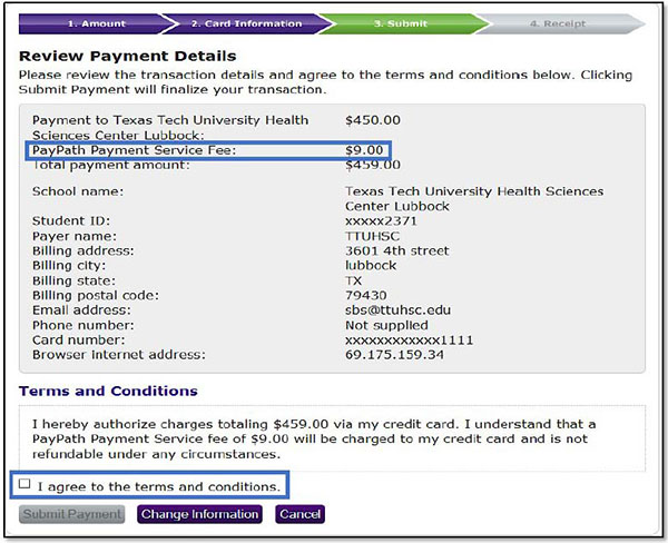 Image illustrating PayPath Payment Service Fee line added to Payment Details, and agree to terms and conditions checkbox.