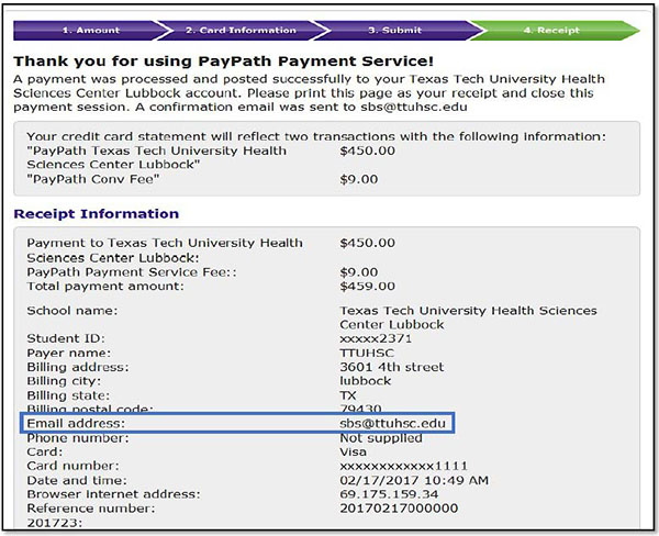 Image illustrating Payment Receipt screen, with sbs@ttuhsc.edu email address highlighted.