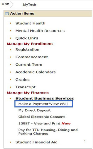 Image illustrating the location of the Make a Payment / View eBill menu item