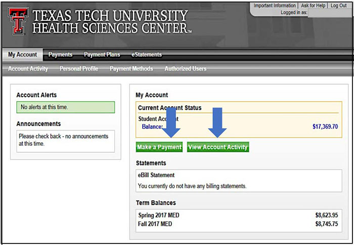 Image illustrating the location of the Make a Payment and View Account Activity buttons.