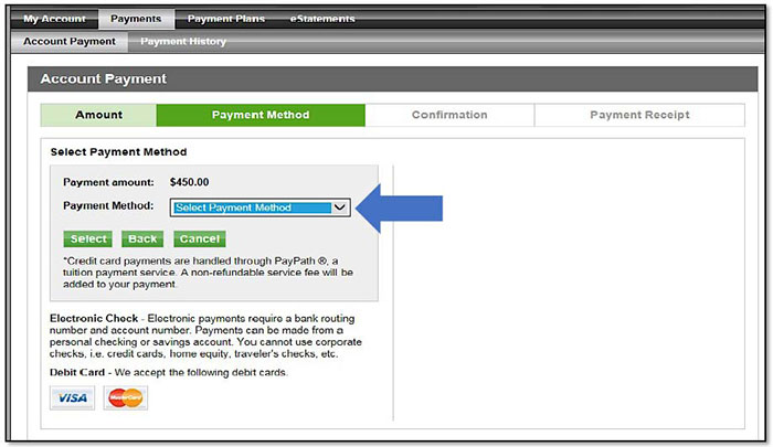 Image illustrating Payment Method selection dropdown.