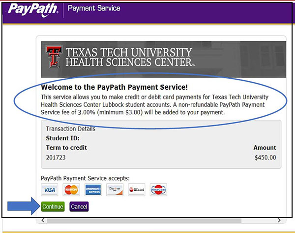 Image illustrating location of Service Fee notification and continue button.