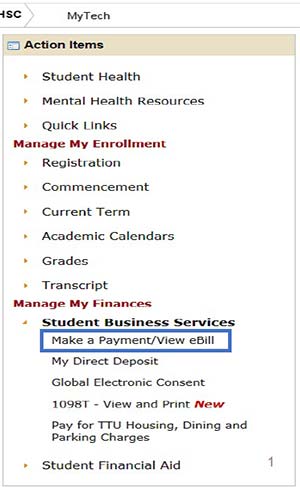 Image illustrating the location of the Make a Payment / View eBill menu item