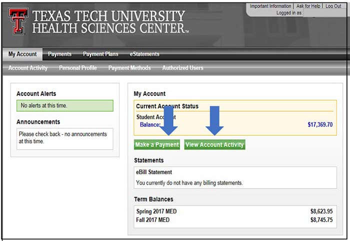 Image illustrating the location of the Make a Payment and View Account Activity buttons.