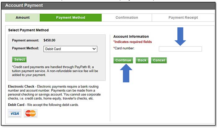 Image illustrating location of card number field and continue button.