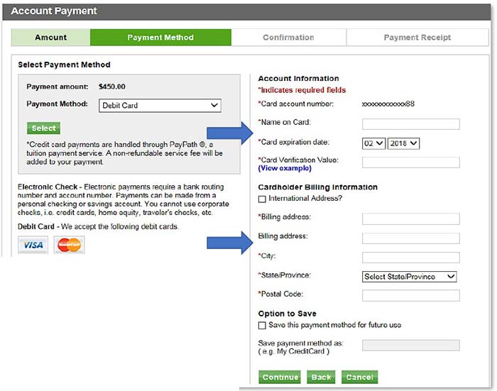 Image illustrating location of Debit Card Account Information and Cardholder Billing Information fields.