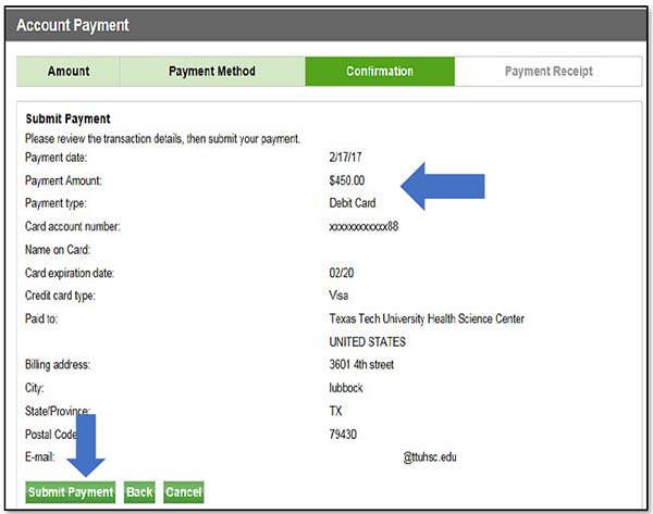Image illustrating Account Payment screen with Payment Amount and Submit Payment button highlighted.