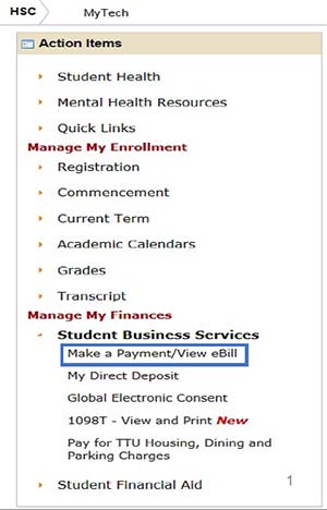 Image illustrating the location of the Make a Payment / View eBill menu item