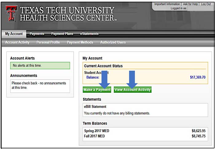 Image illustrating the location of the Make a Payment and View Account Activity buttons.