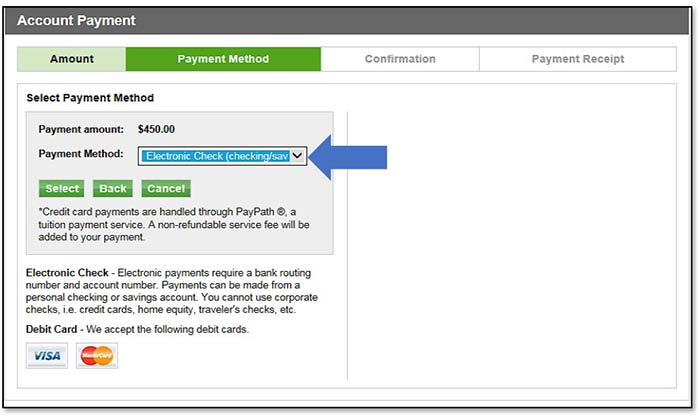 Image illustrating Payment Method selection dropdown.