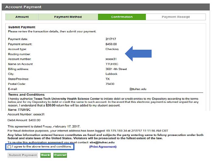 Image illustrating Confirmation screen with banking information and Agree to terms and conditions checkbox highlighted.