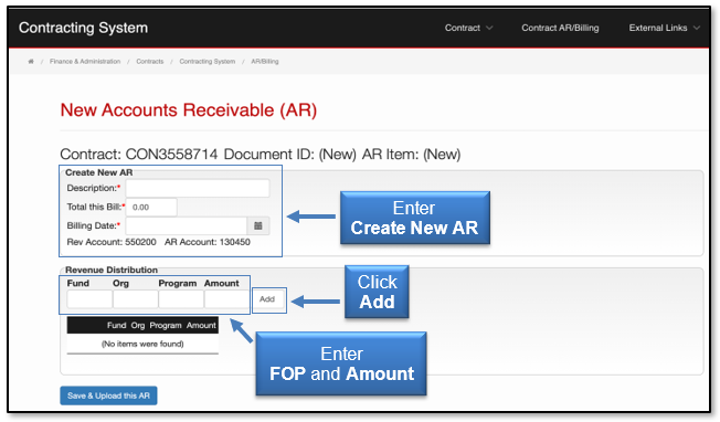 Enter the information to Create New AR, FOP and Amount, click Add