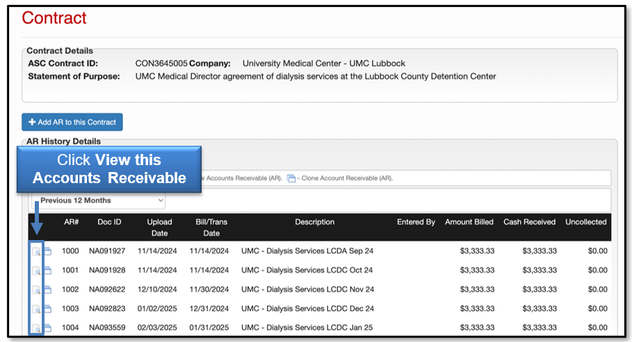 Click the View this Accounts Receivable icon