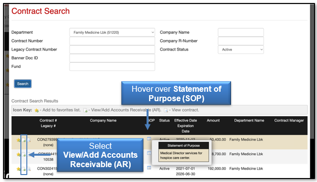 Select View/Add Accounts Receivable and hover over Statement of Purpose