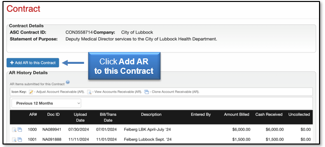 Click the Add AR to this Contract button