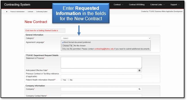 Enter the requested information in the fields for the New Contract