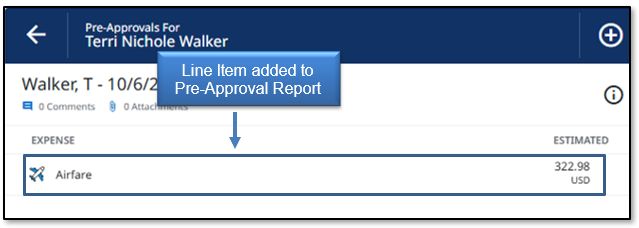 Image in Emburse Enterprise, view of the line item added to the Pre-Approval Report