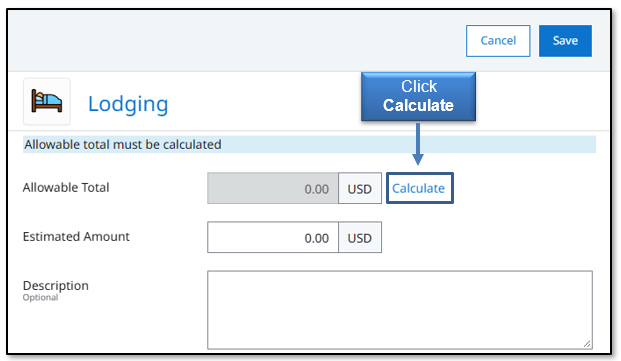 Image in Emburse Enterprise, click the Calculate link to view the Allowable Total Calculator