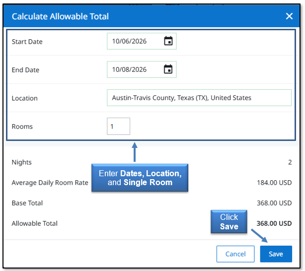 Image in Emburse Enterprise, enter Dates, Location, and Single Room, then click Save