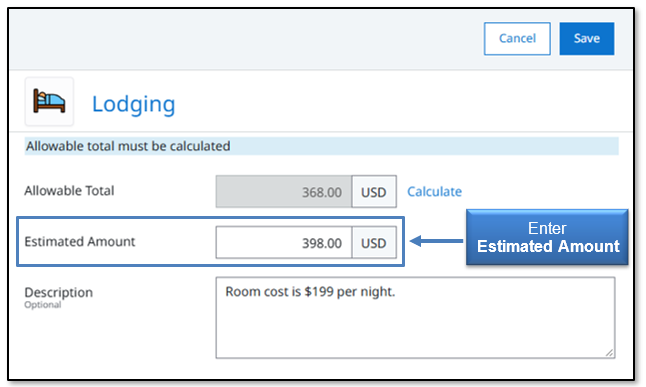 Image in Emburse Enterprise, enter the Estimated Amount in the Lodging expense form