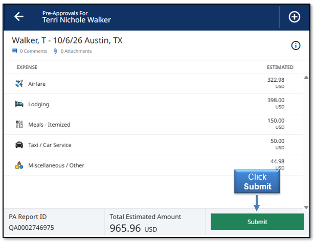 Image in Emburse Enterprise, click the submit button to add Pre-Approval expenses and estimates