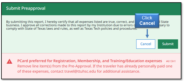 Image in Emburse Enterprise, click Cancel to take the appropriate action indicated on the violation message and then resubmit