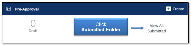 Image in Emburse Enterprise, click the Submitted Folder to view Pre-Approvals submitted on the current dashboard