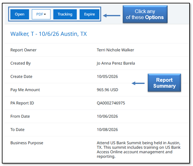 Image in Emburse Enterprise, View the Pre-Approval Report Summary and click any of these options for the Pre-Approval